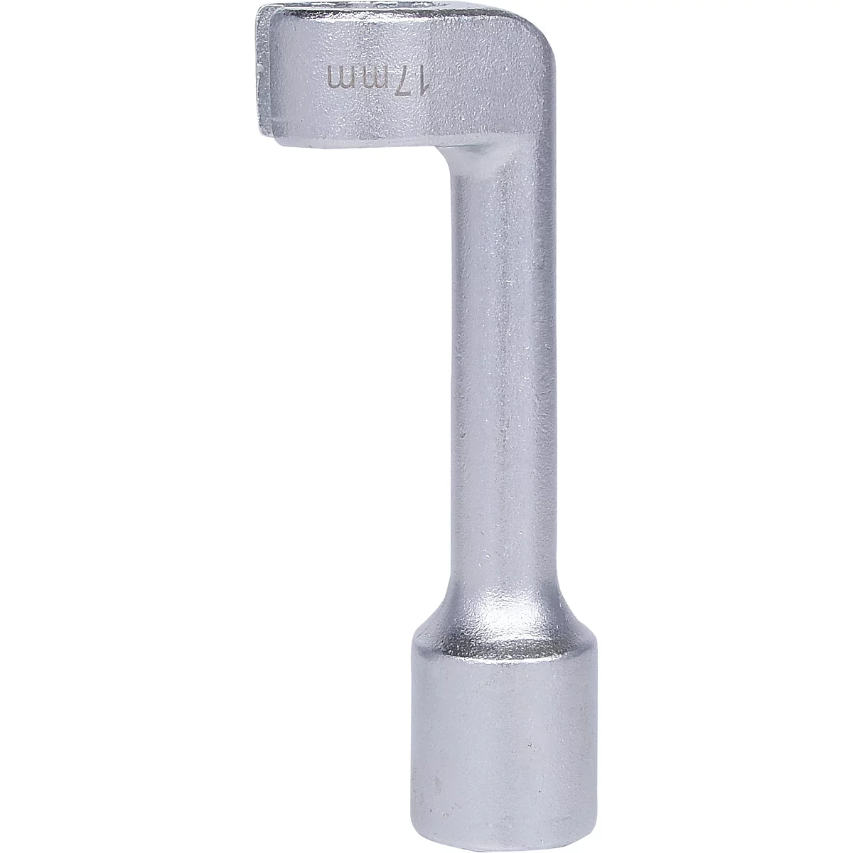 Abgewinkelter silberner Schraubenschlüssel, mit '17 mm' beschriftet.